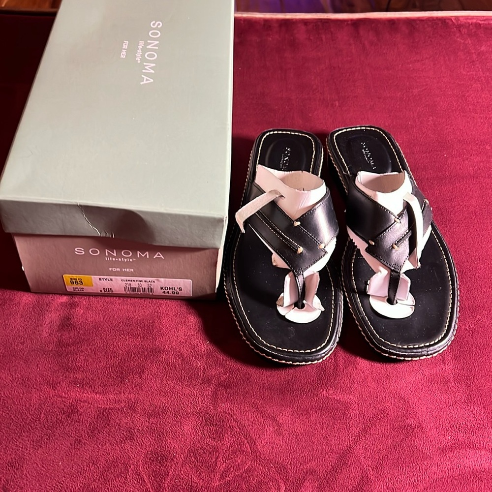 NWT Sonoma black leather sandals (thong with small heel) (size 8M)
